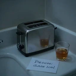 toaster on the bath, sad, alcohol nearby, picture with message, depression, dark climate