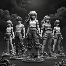 ultra realist 3d render of a selection of miniature anime fully dressed resin statues with dioramas, symmetry accurate features, very intricate details, ominous sky, black and white, volumetric light clouds, unreal artstation