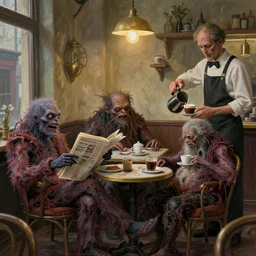 hideous terrifying ghastly foul cronenberg monsters relaxing at a cafe. ( a waiter is pouring coffee. one monster is reading a newspaper. painting by edward hopper grant wood rene magritte, cinematography by robby muller, 3 d rendering by beeple, 8 k, comfy wretched mutants )