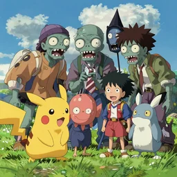 pokemon army fighting zombies art style by miyazaki