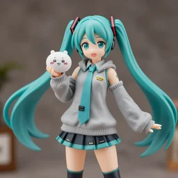 still figurine of hatsune miku in comfy sweater holding bosui, eyes by kon satoshi, personification, dynamic pose, detailed product photo, featured on amiami, tone mapped, beautiful composition, 8 5 mm, f. 1 4