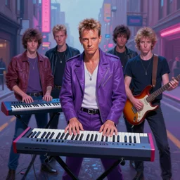 8 0's synthesizer band, anton corbijn, purple, pink, blue, posed, album cover, street background, duran duran, synthesizer, guitar, atmospheric lighting. highly detailed painting by greg rutkowski.