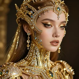 a stunning young female cyborg made of gold, gems tones, diamonds, by pre - raphaelite brotherhood, unreal engine, glamor shot, nikon d 7 5 0, closeup, f / 2. 8, low contrast, rim lighting, optical fiber, cinematic lighting, insanely detailed and intricate, hypermaximalist, elegant, ornate, hyper realistic
