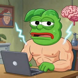 an internet troll creating memes in his mothers basement, wojak, pepe, alt right, muscles, veins, electricity, big brain