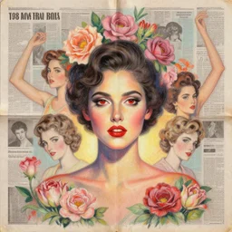 a handmade collage portrait painting with newspapers of people from 1 9 8 0 s, red eyes, high detailed, flowers, retro style painting, retro pastel colored palette, grain and texture, dancing heads, illustration, oil pastel drawing, symetrical, in the middle, looking to camera, high shoulders, gradient lighting at the back, sharp teeth, red paint stains, extremely elegant drawing, looking straight, lens correction, sharp focus, 8 k