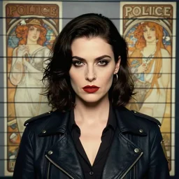 police station mugshot. fancy attire. symmetrical centered looking at viewer mugshot head portrait photograph of attractive charismatic nefarious lady crime boss dame with attitude. villainess. scary mean. dimestore book cover. norman rockwell, artgerm, greg rutkowski,, sakimichan, alphonse mucha. artstation. sharp focus. highly detailed.
