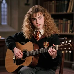 Hermione Granger wearing a black sweater, playing a guitar, in the Gryffindor common room, portrait photo by John Constable