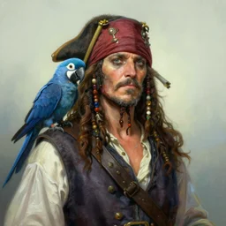 portrait of An old pirate with a blue parrot on his shoulder, dreamy and ethereal, expressive pose, peaceful expression, elegant, highly detailed, digital painting, artstation, concept art, smooth, sharp focus, by gil elvgren