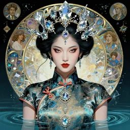 portrait of a cyberpunk samurai woman wearing a cheongsam, symmetrical face, emerging from the water, fantasy, regal, fractal crystal, fractal gems, by stanley artgerm lau, greg rutkowski, thomas kindkade, alphonse mucha, loish, norman rockwell.