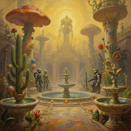 an oil painting by donato giancola, warm coloured, cinematic scifi luxurious futuristic foggy biomechanical victorian garden courtyard with and bulbous alien floral fungi cactus growing out of pretty ceramic baroque fountains, gigantic pillars and flowers, beeple, halo, star wars, ilm, star citizen, halo, mass effect, artstation, atmospheric perspective