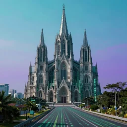 a landscape view of a cybernetic cathedral overlooking an higway made of rows of glowing green codes and symbols, cyberpunk, beautiful detailed, cinematic, strong lighting, hi - fructose art magazine, photorealistic, 8 k, gradient cyan to purple, by paul lehr and david heskin