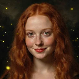 portrait of a young woman, among golden fireflies and nature, long red hair, intricate details, deep green eyes, hint of freckles, round gentle face, cheeky smile with red lips, deep focus, smooth, sharp, golden ratio, hyper realistic art by artemisia lomi gentileschi, caravaggio