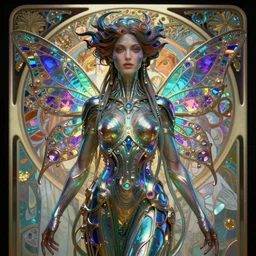 a very beautiful highly detailed hyperrealistic 8 k render of carolyn murphy as a dark alien techno matrix fairy goddess centered in an alphonse mucha style gustav klimt rainbow iridescent shining photograph with an art nouveau background trending on artstation octanerender