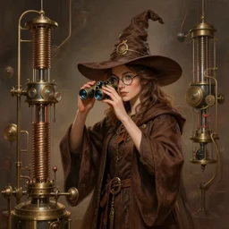 an anthropomorphic beautiful female wizard operating a random pointlessly elaborate intricate contraption pneumatic machine portrait, wearing brown hoodie robe, binoculars glasses, wizard hat, fine art, award winning, brown colour scheme, intricate, elegant, sharp focus, octane render, hyperrealistic, wizard hat cinematic lighting, highly detailed, digital painting, 8 k concept art, art by jamie hewlett and z. w. gu, masterpiece, trending on artstation, 8 k