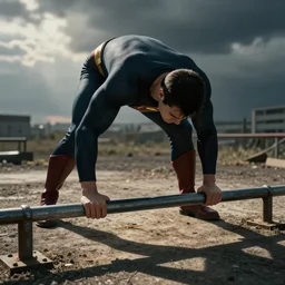 Superhero bends a steel bar with their bare hands