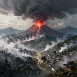 a powerful japanese village high in mountains, under steam of mystical power, fanart artstation global illumination rtx hdr fanart arstation 3 d, volcano, evil smog, concept art by greg rutkowski and laurie greasley, fantastic landscape, 8 k, cinematic color grading