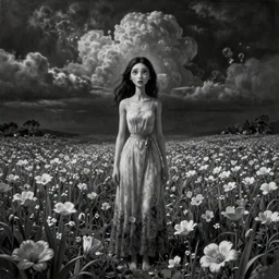 By Pixar, ultra realist soft painting of a flower field by night, long dress female, horror, omnious sky, symmetry accurate features, very intricate details, black and white, volumetric light clouds