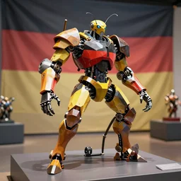ant zest abstraction bot, german flag colorway, low-poly plate armor, water-cooled, hydraulic features, elaborate, 5600x accelerator, hyperthreading, fantastical backdrop, award-winning sculpture, museum display, 4k, digital art