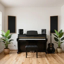 A victorian music studio, clean architecture, some plants, peaceful, 8K octane render