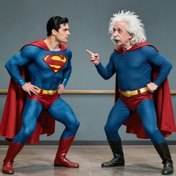 a realistic picture depicting a scene of superman and Albert Einstein aggressively debating general relativity
