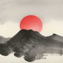 red sun behind black mountain, japanese ink painting, suibokuga, sumi - e
