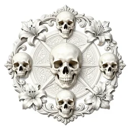 beautiful classical holy decorative ornament, sacred skulls, acanthus scrolls, lilies, leaves, energy, geometry, chrysanthemum, bones, petals, stems, ceremonial clouds, dripping paint, fibonacci rhythm, artstation, art germ, wlop, karol bak, christopher balaskas, ross tran