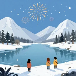 A lake between mountains, winter, snow is falling, firework, women near the lake, cartoon, 2D