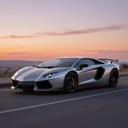 cyberpunk lamborgini car, sunset as background, retrowave synth