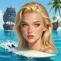 a portrait of a beautiful blonde girl with beautiful eyes and a detailed face is surfing on a surf board in a magical blue lagoon, pirate ships, clear water, palm trees, digital illustration, art by greg rutkowski, intricate, elegant, smooth, amazing detail, concept art, sharp focus, cinematic lighting