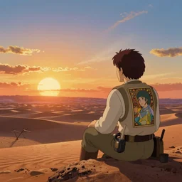 beautiful wide shot tatooine landscape, Luke skywalker watches sunset, Star Wars a new hope 1977, studio ghibli, Miyazaki, Greg rutkowski, Alphonse mucha, Moebius , animation, golden hour, highly detailed, hdr, vivid color, 70mm