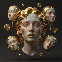 portrait of a surreal melting faces floating, gold dripping in spiral, Mistic ambient, ultra super good realistic 3D render by Pete Morbacher and Emil Melmoth, insanely detailed, trending on artstation, sharp focus