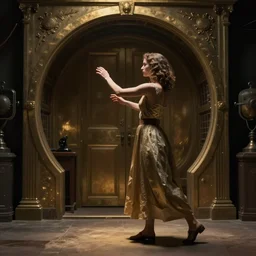 photo back into the chamber turning a woman, dramatic lighting, concept art by cedric peyravernay maciej kuciara, golden ratio, medium shot, ground angle, uhd 8 k, shallow depth of field, cgsociety, trending in artstation, neo figurative, unreal engine, physically based rendering