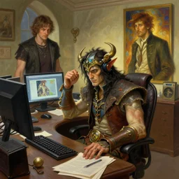 durotan from world of warcraft sitting at a desk in an office, by artgerm and greg rutkowski and alphonse mucha