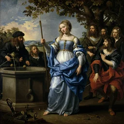 a painting of the a maiden by the well, a flemish baroque by roberto ferri, tom bagshaw, austin osman spare, william waterhouse, vermeer. cgsociety, classical realism, flemish baroque, chiaroscuro, an ultrafine detailed painting.