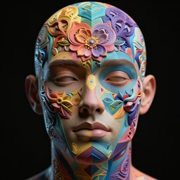 a future man face, skin as colorful geometric patterns, half face cover by flower, intricate, symmetrical, volumetric dramatic light, dark black background, sharp focus, highly realistic, octane render