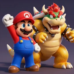 super mario and old man bowser, highly detailed, digital painting, artstation, illustration, art by artgerm and greg rutkowski and alphonse mucha