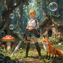 A hyper real comic book style portait painting of an enchanted forest with toadstools and a forest hut. Soap bubbles in the air. A fox is watching, unreal 5, hyperrealistic, octane render, cosplay, RPG portrait, dynamic lighting