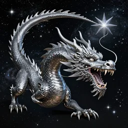 composed by howard arkley, by beeple, by jean auguste dominique ingres. a body art of a dragon in space. the dragon is in the foreground with its mouth open rows of sharp teeth. coiled & ready to strike, its tail is wrapped around a star in the background. background is full of stars & galaxies.
