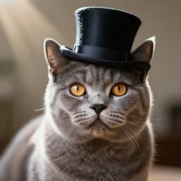 photograph of a Russian Blue cat with amber eyes wearing a top hat, intricate detail, kodak 2383 vision color, god rays, depth of field, award winning photography, 4k, hd