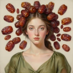 epic painting, upper body portrait of beautiful goddess in olive blouse with with sweet dried dates fruits fractals, medjool dates, dried dates around head,, tea leaves background, golden glow background, drawing, photography by amy leibowitz, wlop, jeremy lipkin, beeple, brown hair, symmetrical front facing portrait, artgerm