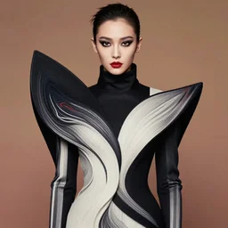 half body portrait of very beautiful 2 0 - year - old woman, in an outfit by rick owens, photo by greg rutkowski, high fashion, androgyn beauty, intricate detail, elegance, sharp shapes, soft lighting, vibrant colors, masterpiece