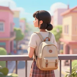 a vibrant dream of one beautiful girl wearing hipster clothing and a backpack from behind on a balcony looking out over a cute street in kyoto japan, lush plants, monorail, glowing paper lanterns,, magic details, by moebius, edward hopper, james gilleard, and james jean, hd, 8 k, trending on artstation, uhd,