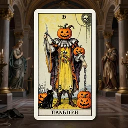 tarot card, single figure, pumpkin king, skulls, chains, jack - o - lanterns, black cat, bismuth, style mix of peter chung, shepard fairey, botticelli, vatican, pre raphaelites, shoujo manga dark and moody atmosphere superfine inklines, ethereal, 4 k photorealistic