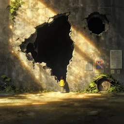 dramatic lighting, tatsuyuki tanaka, incredible ghibli movie screenshot, vanishing point, focal point, ultra wide, brutalist, yellow hoodie girl, large dark hole in the side of a concrete wall, bright dappled golden sunlight, long dark shadows, black depths, posters, notices, hobbit hole, overgrown, spiderwebs