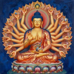 a painting of the thousand hands of buddha, psychedelic, vibrant, highly detailed