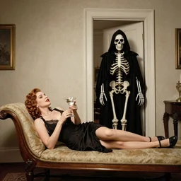 room with a door. 1940s diva laying on a chaise longue having a martini. death skeleton wearing a hooded cape and black robe enters the room through the door