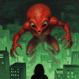 A beautiful illustration of a strange, red alien creature looming over a green cityscape. The alien has several eyes and one mouth and its body is covered in scales. It seems to be coming towards the viewer, who is looking up at it in fear. By Max Ernst and Maciej Rebisz