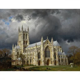 Canterbury cathedral during a supercell storm, oil painting by John Constable