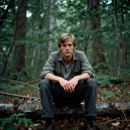 7 0 s film still from a horror movie with a man sitting in a forest, kodachrome, cinecolor, cinestill, photorealism, cinematic, film grain, film texture, vhs recording