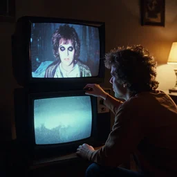 a scene from a 1 9 8 2 s halloween iii, peter dinklage is watching tv, vhs distortion, cathode ray tube distortion, folk horror, hauntology, 8 k, 8 5 mm f 1. 8, studio lighting, rim light, right side key light